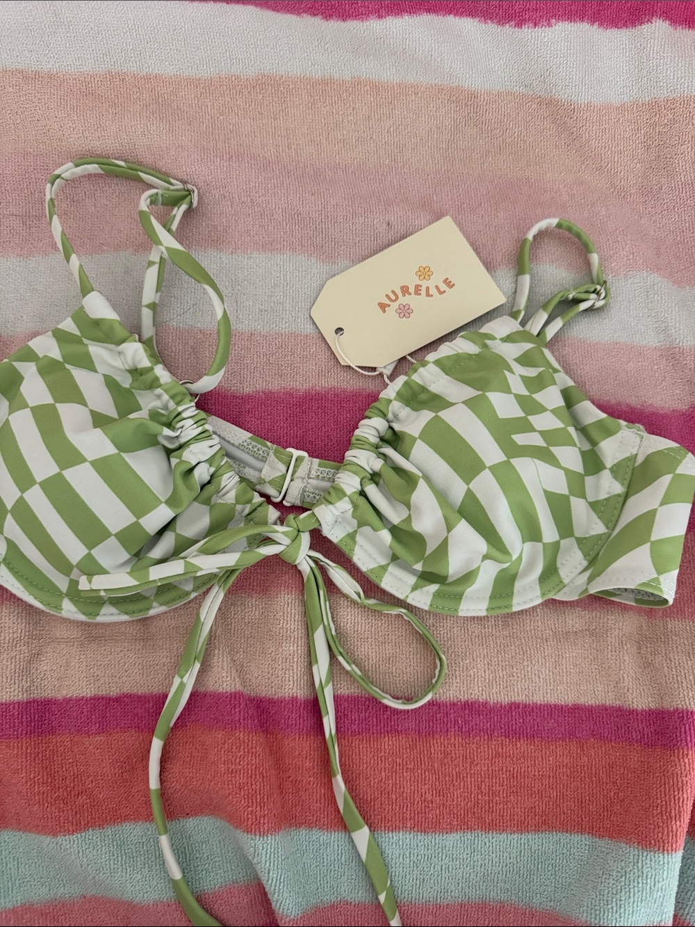 Aurelle Green Checker Tie-Front Bikini Top
